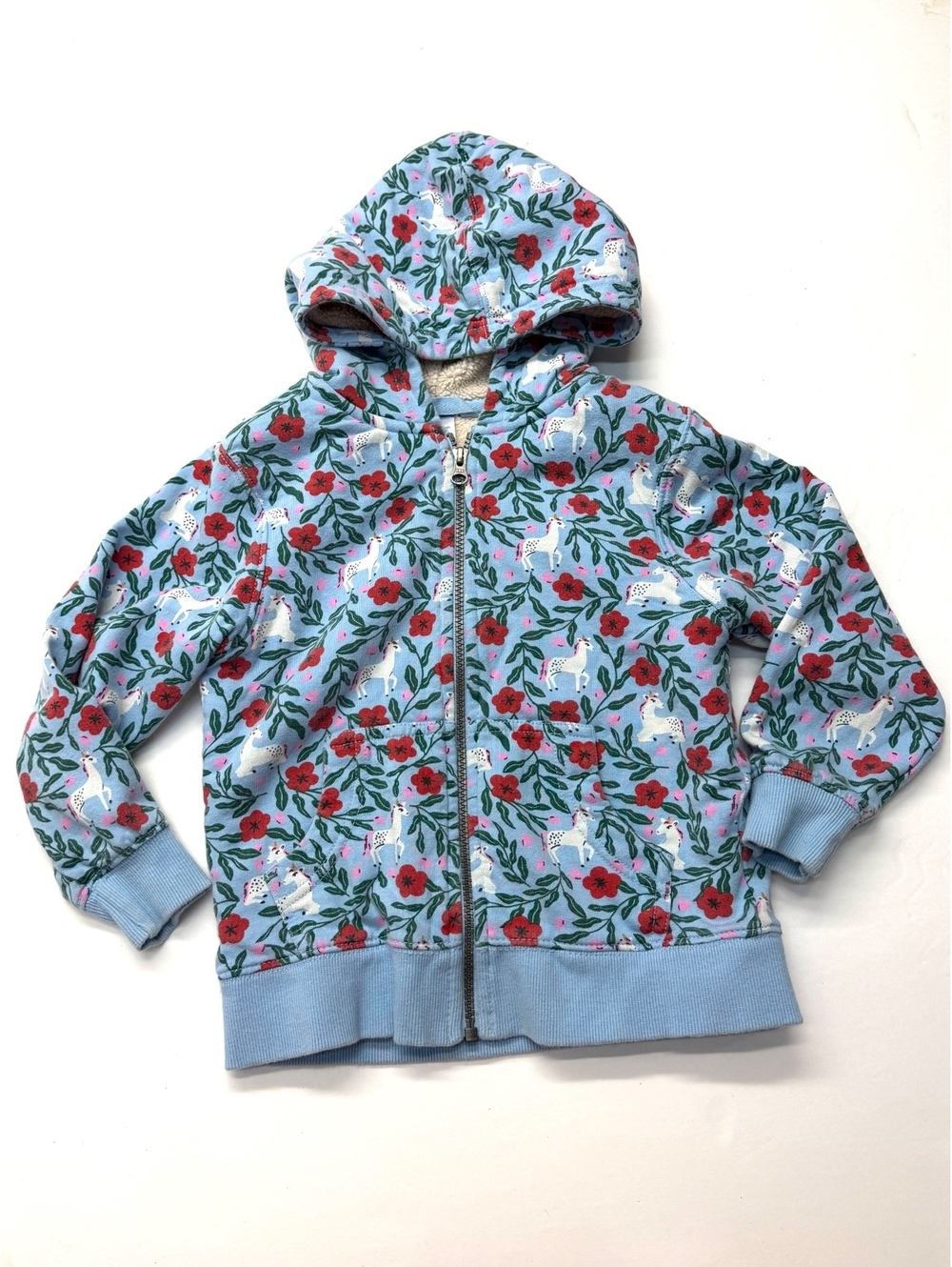 Hanna Andersson Girls Blue Floral Unicorn Sherpa Lined Zip Hoodie Jacket